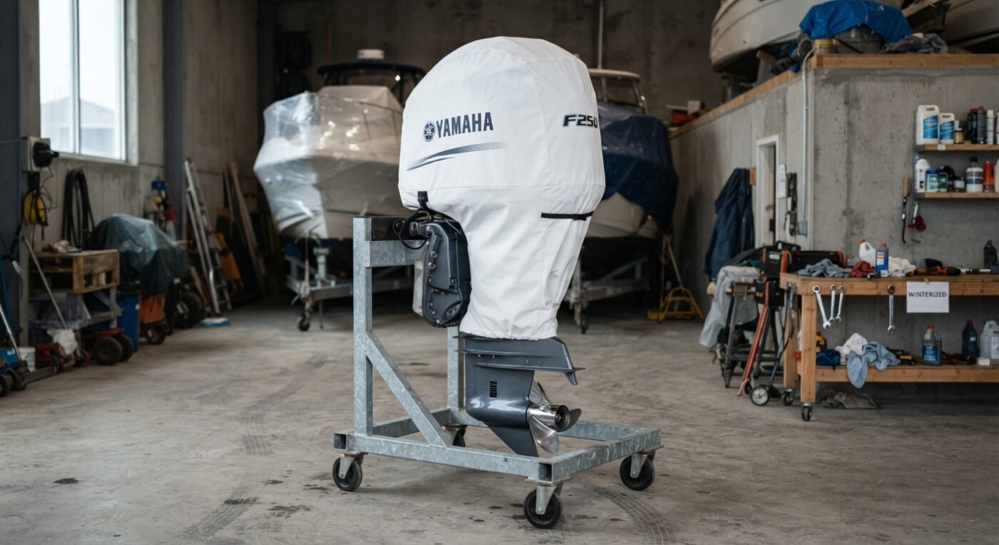 Winterized outboard covered for storage